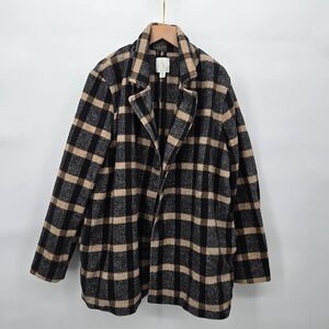 Joie Plaid Open Front Coat Size Medium Oversized Comfy Warm Black Brown